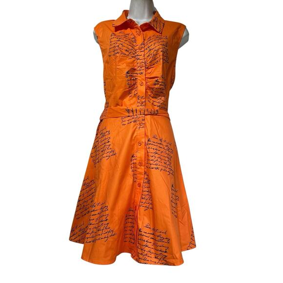 Simplee Plus Dress 3XL Orange Script Print Button Down Sleeveless Fit & Flare - Picture 1 of 6